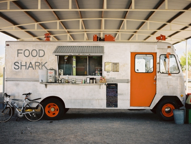 Food shark silver and orange food truck in Marfa Texas