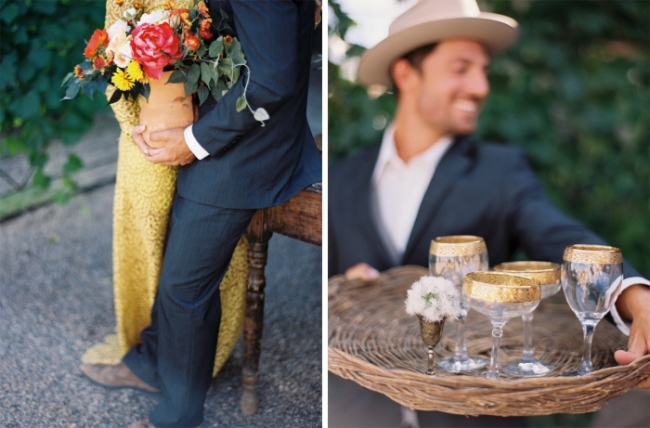 man in cowboy hat holding tray of gold champaign glasses