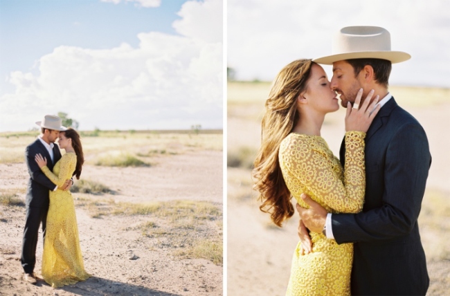 Marfa elopement couple standing in west Texas desert yellow dress