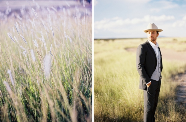 man in suit and stetson standing in desert grassland Marfa