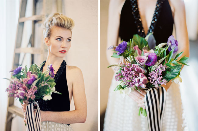 bride holding purple bouquet 