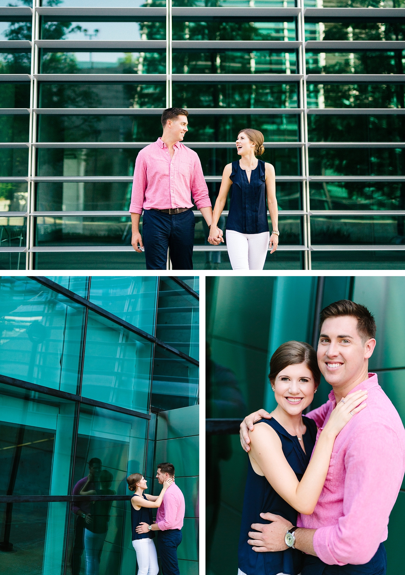 couple in front of green glass building laughing
