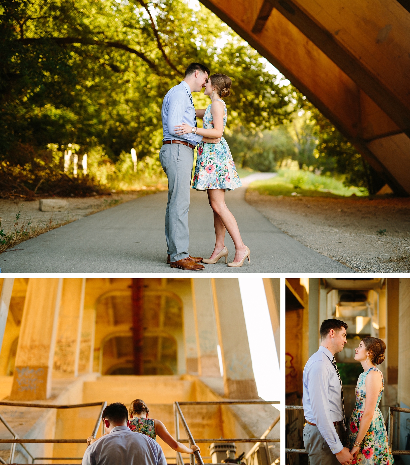 couple kissing under a bridge during engagement session in fort worth