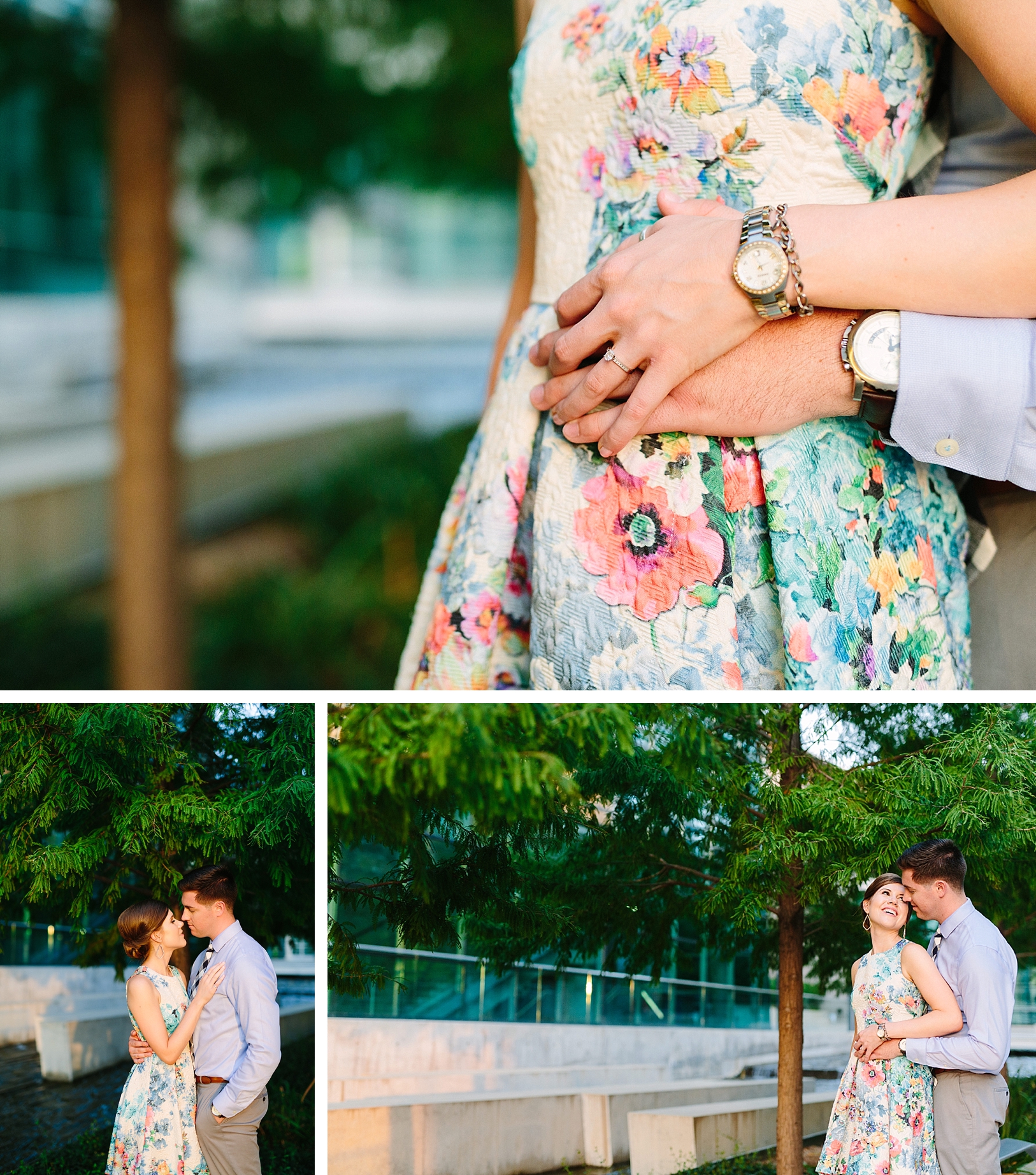 couple in blue green floral dress engagement session holding 