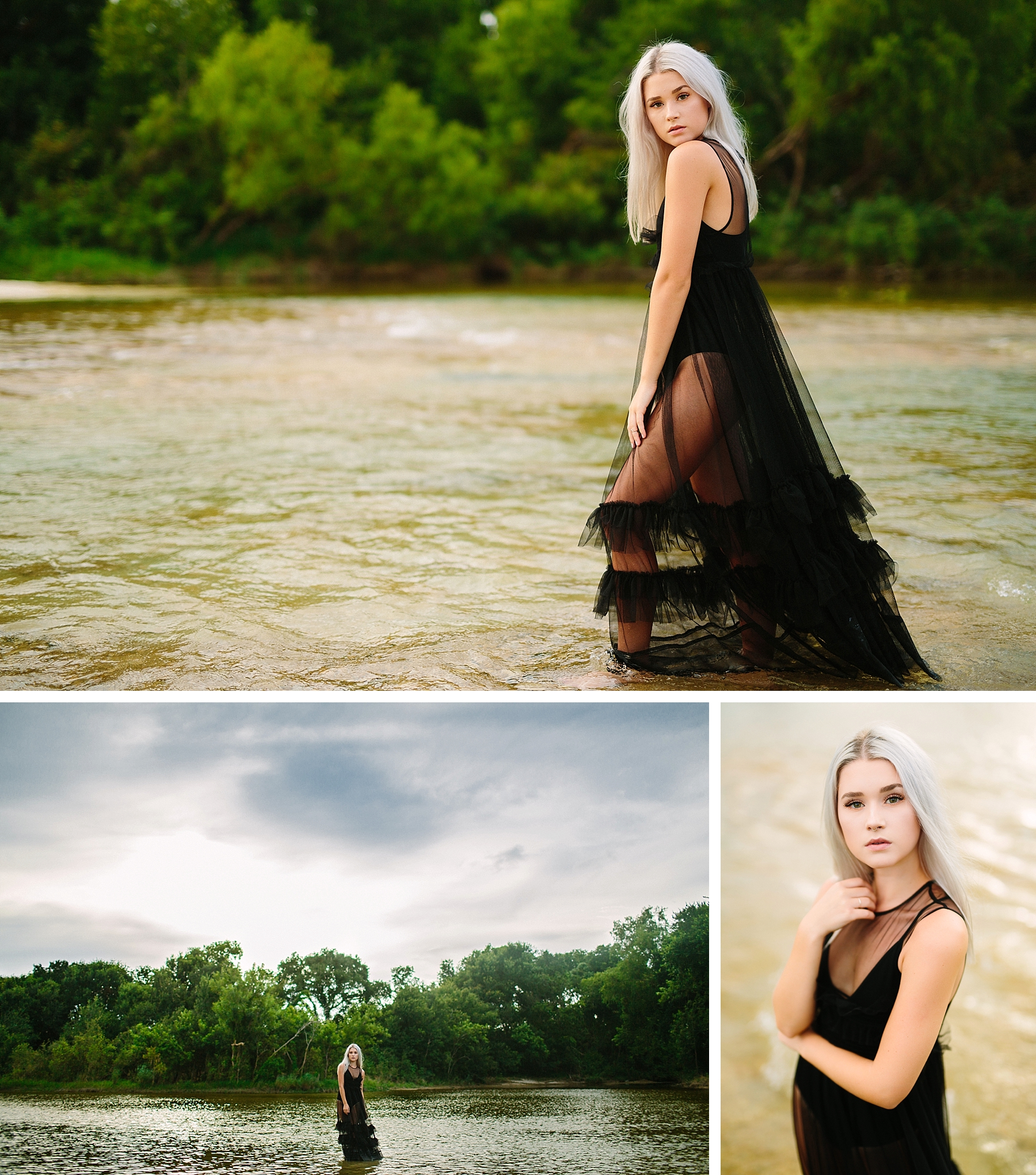 girl standing in river black dress 