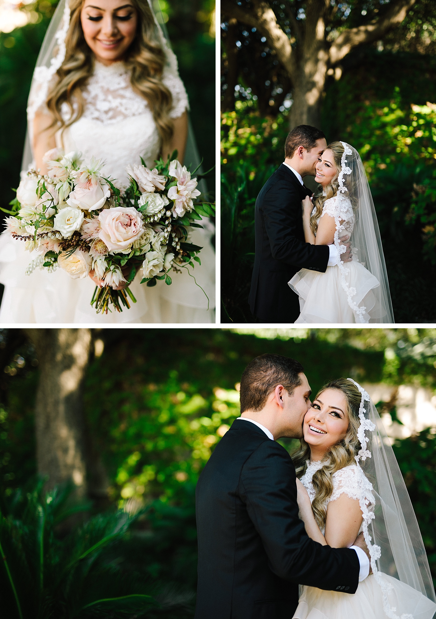 Four Seasons Wedding bride in dress and veil with floral bouquet pink and green