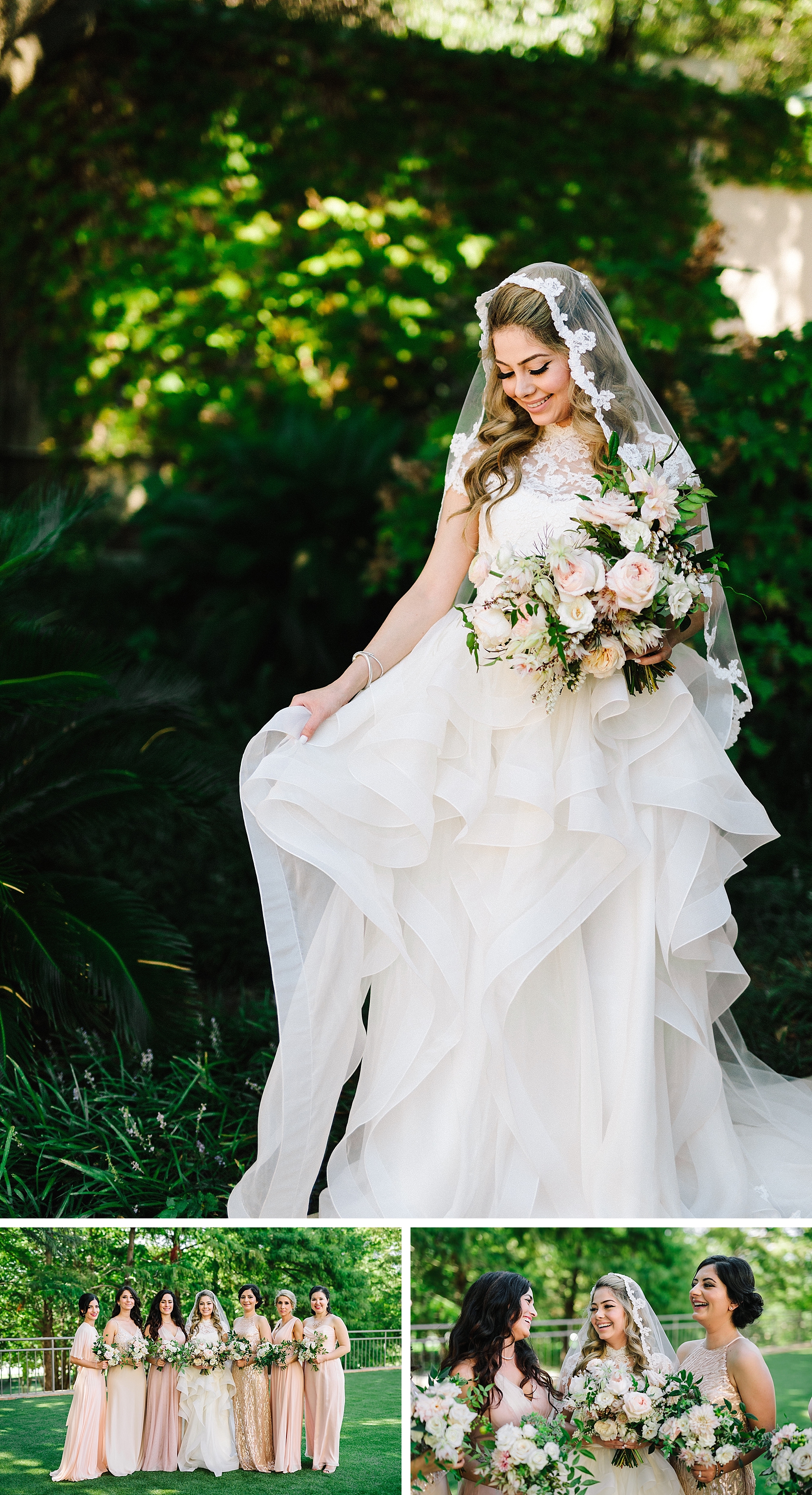 Four Seasons Wedding bride in wedding dress veil and floral bouquet