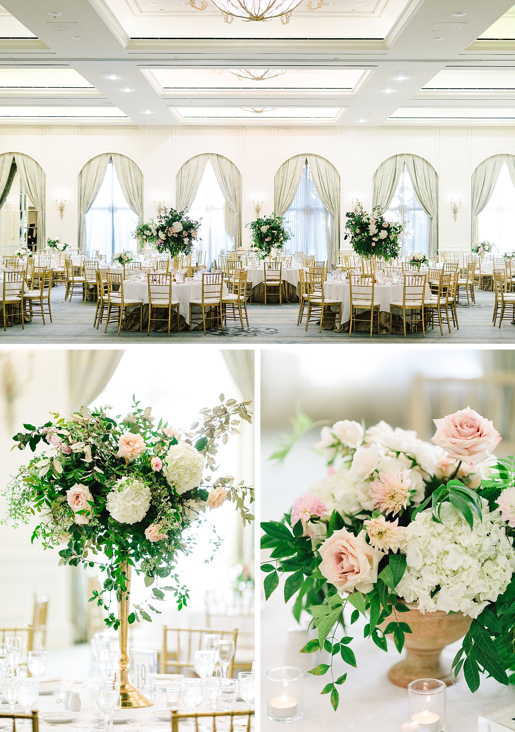 pink white and green floral arrangements for Four Seasons Wedding Dallas, Texas 