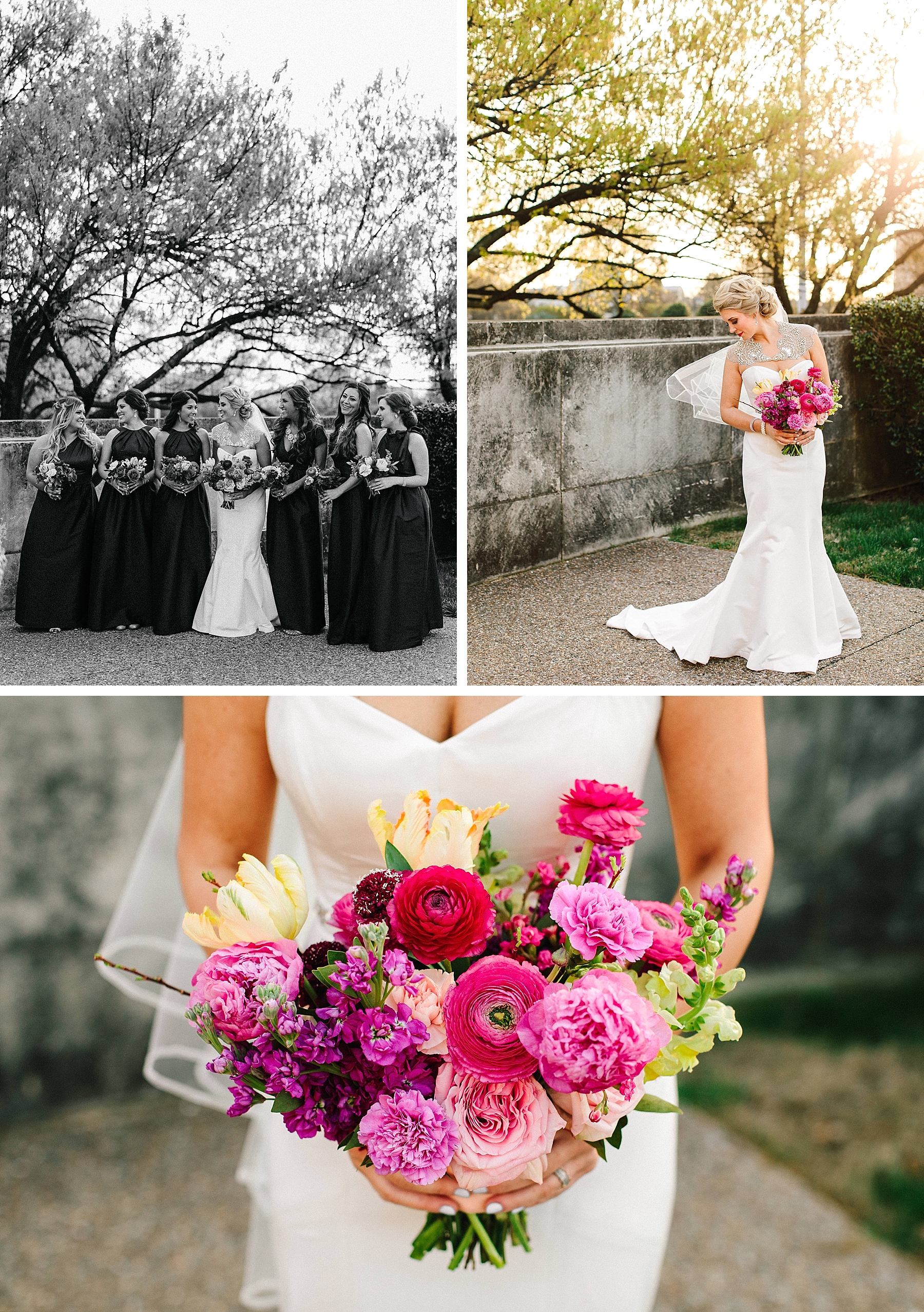 Bride and bridesmaids at Hall of State wedding pink floral bouquet