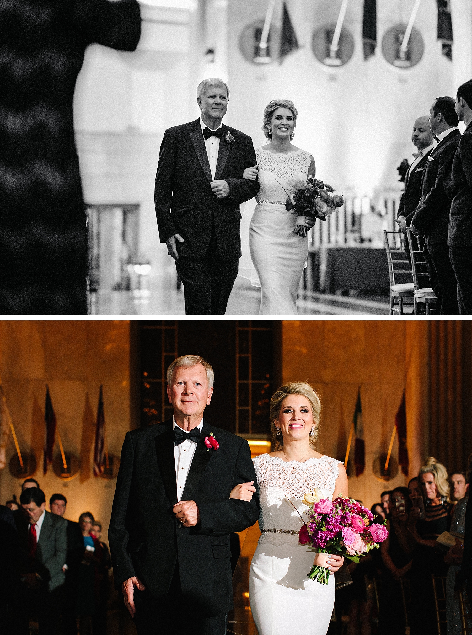 Bride and father walking aisle ceremony at Hall of State wedding in Dallas, Texas