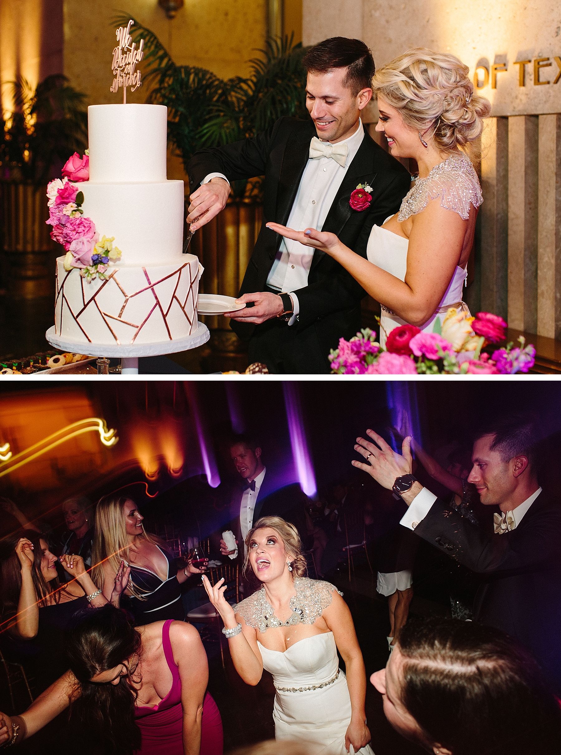 bride and groom cutting cake at Texas Hall of State Wedding