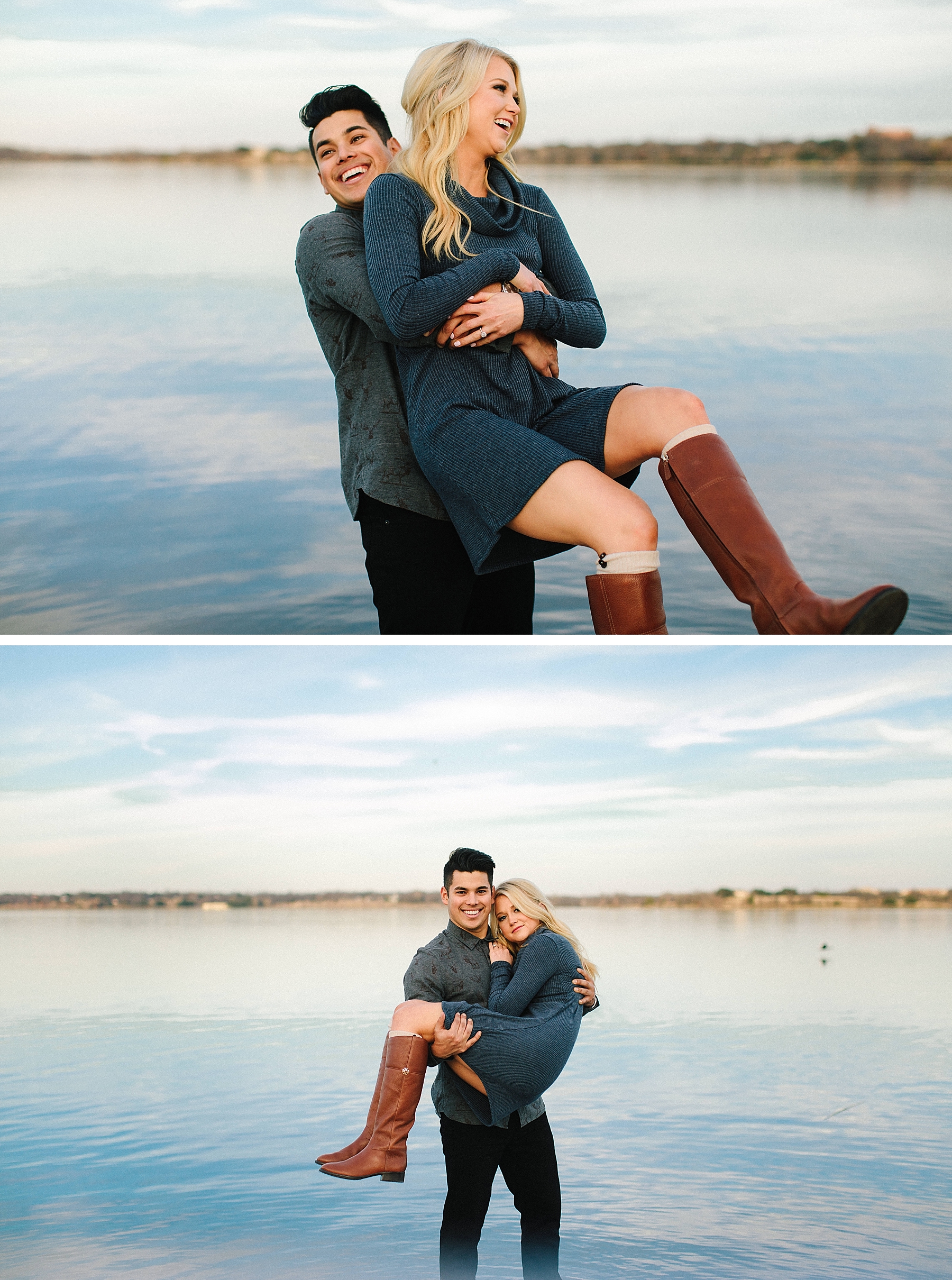 man picking up blonde woman in front of lake laughing dallas arboretum engagement