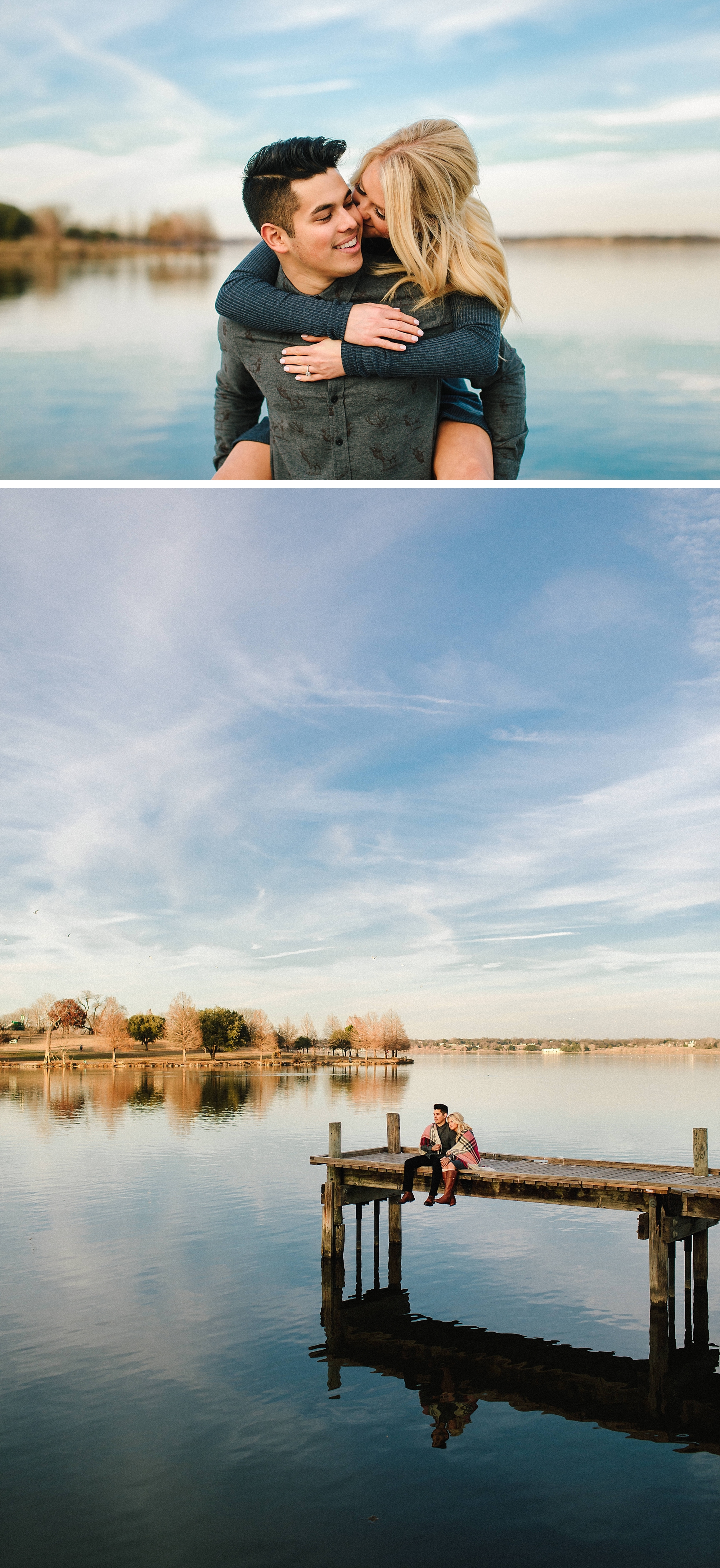 man and blonde woman in front of lake laughing dallas arboretum engagement session