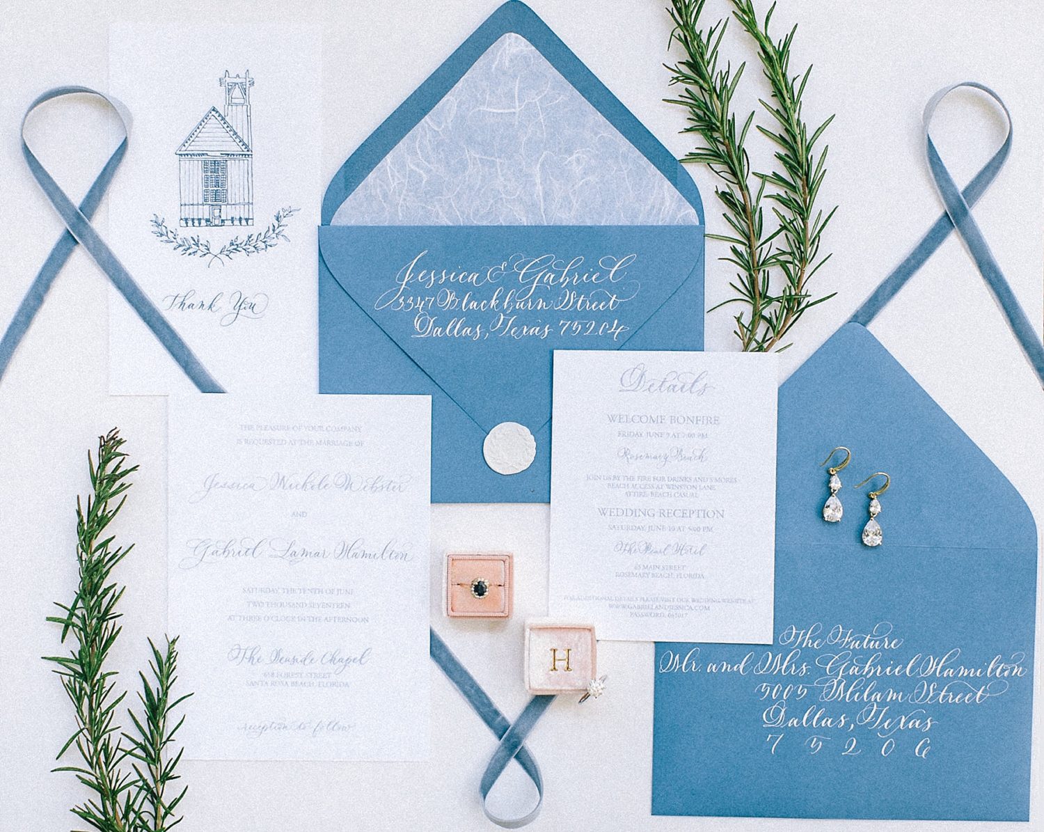 Blue wedding invitation suite details for seaside chapel wedding