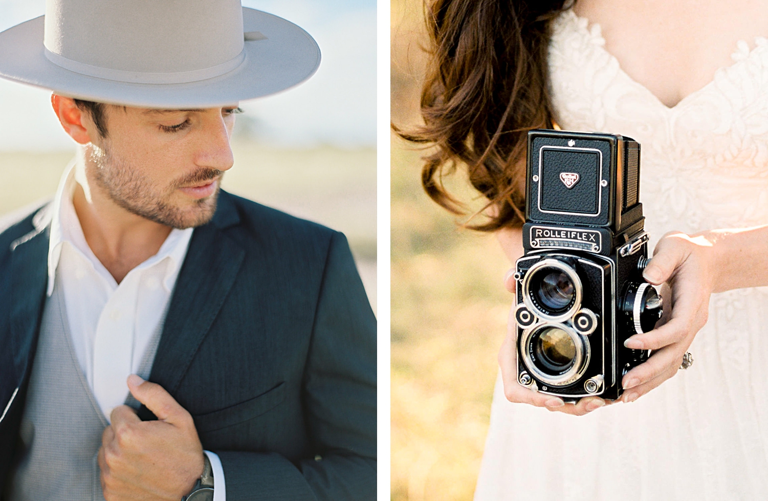 man in cowboy hat and suit elopement wedding camera