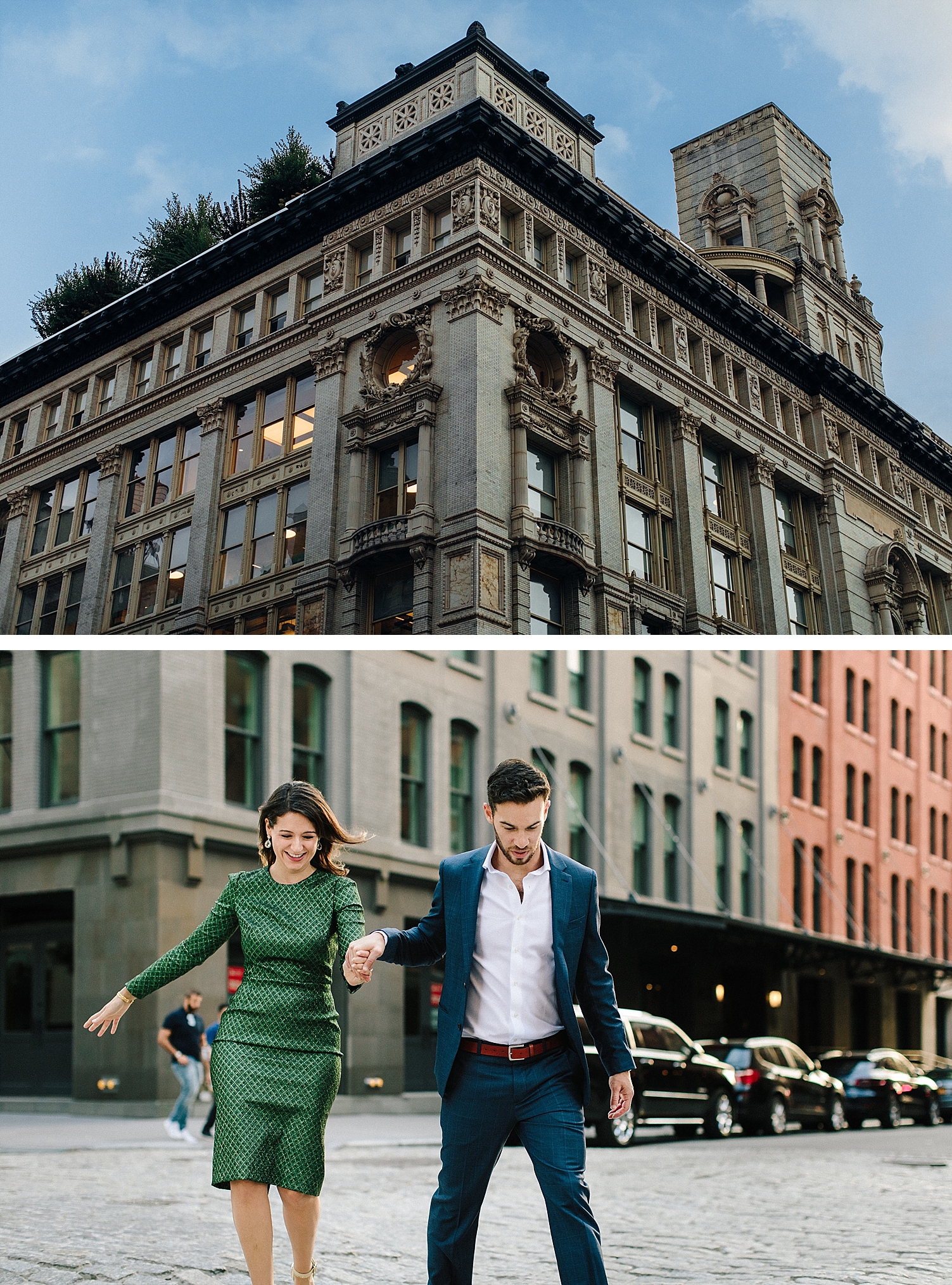 couple crossing Tribeca NYC street green dress