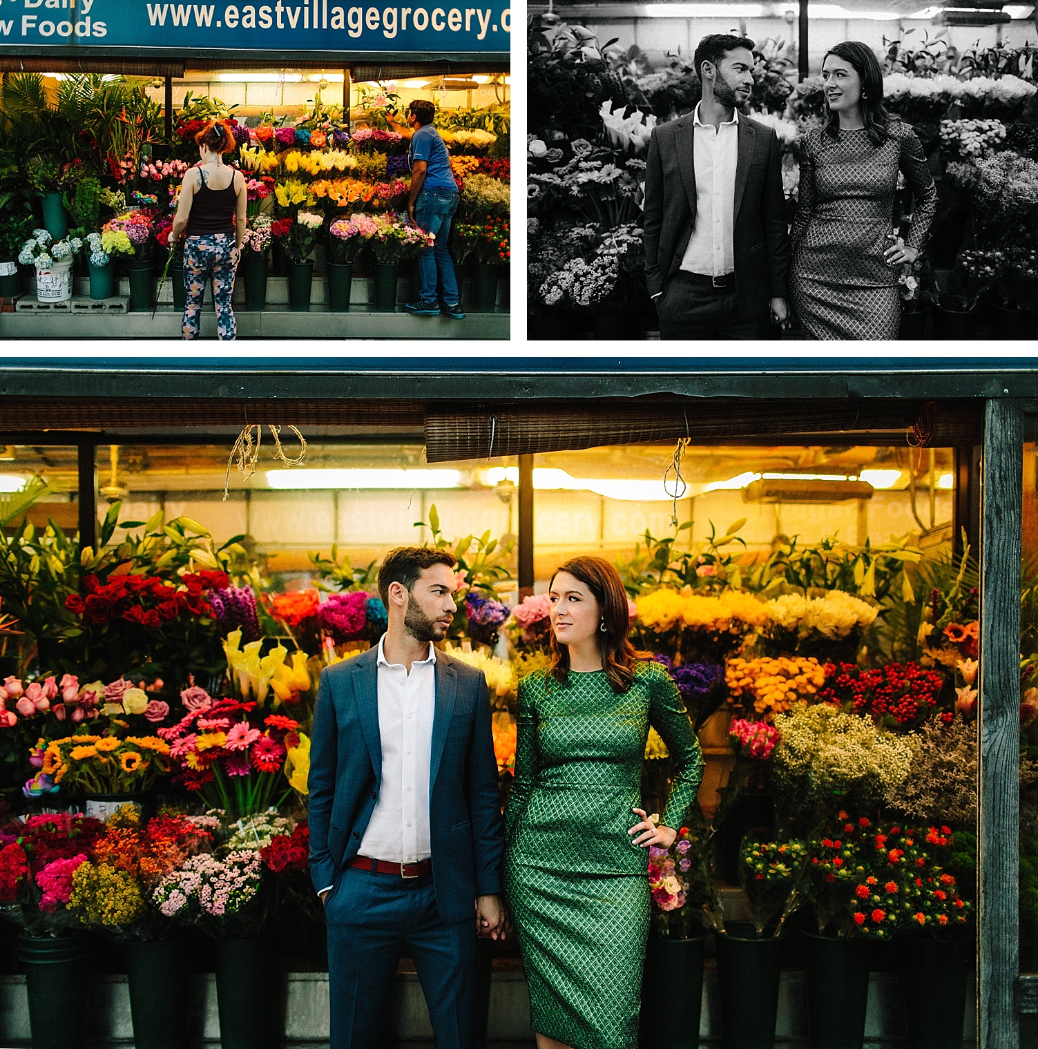 East Village flower shop couple holding hands green dress NYC wedding photographer
