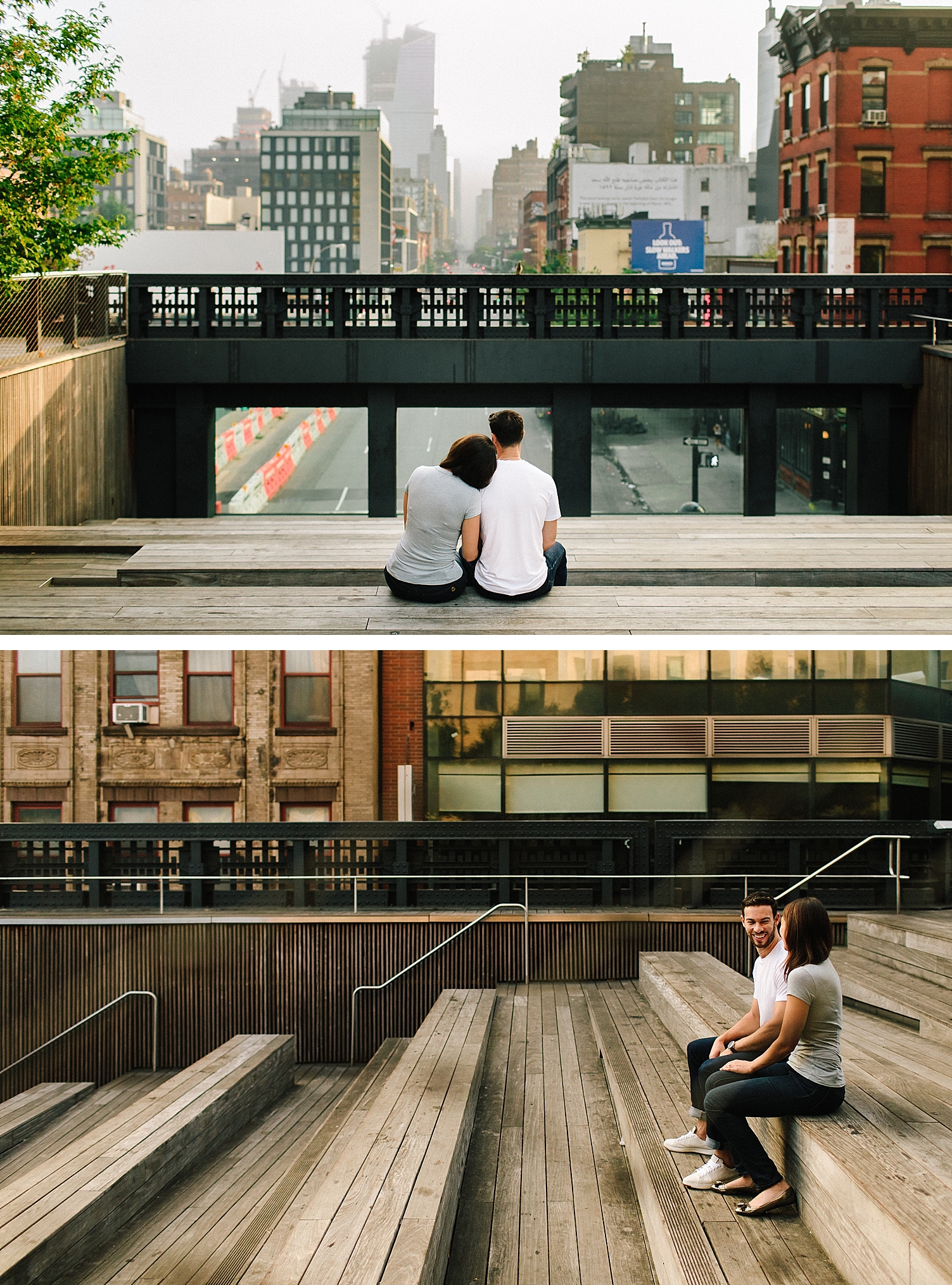 Couple sitting bench NYC high line street window engagement