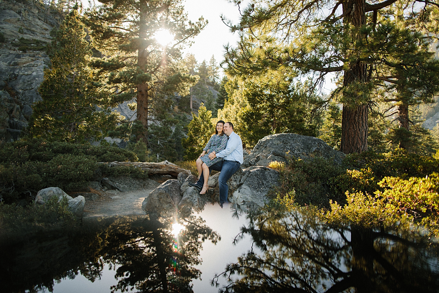 Lake Tahoe engagement session at Emerald Bay sunset rock forest