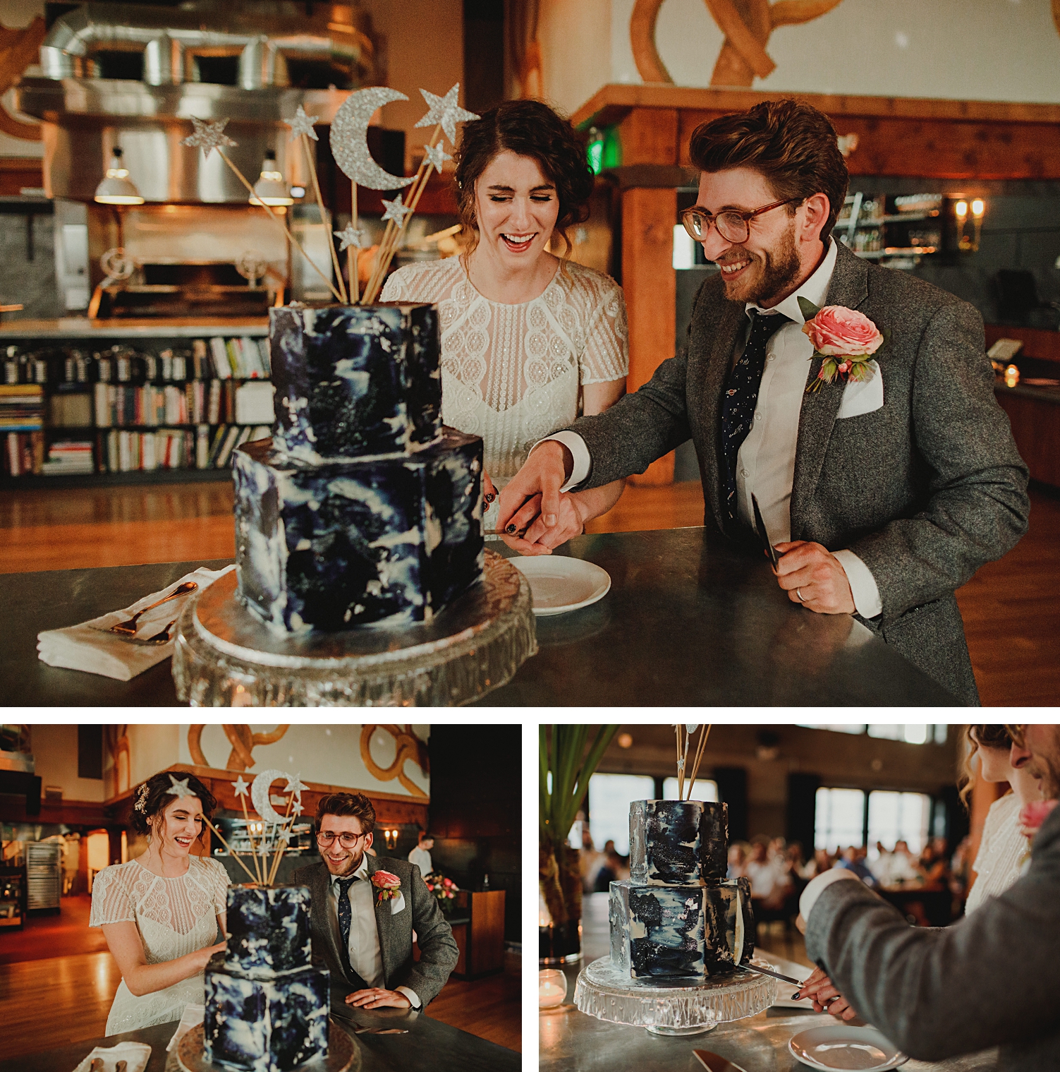 Portland Oregon wedding reception at Plaza Del Toro cutting cake