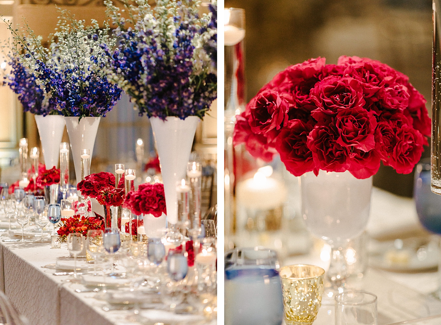 wedding reception table blue and red flowers gold decor
