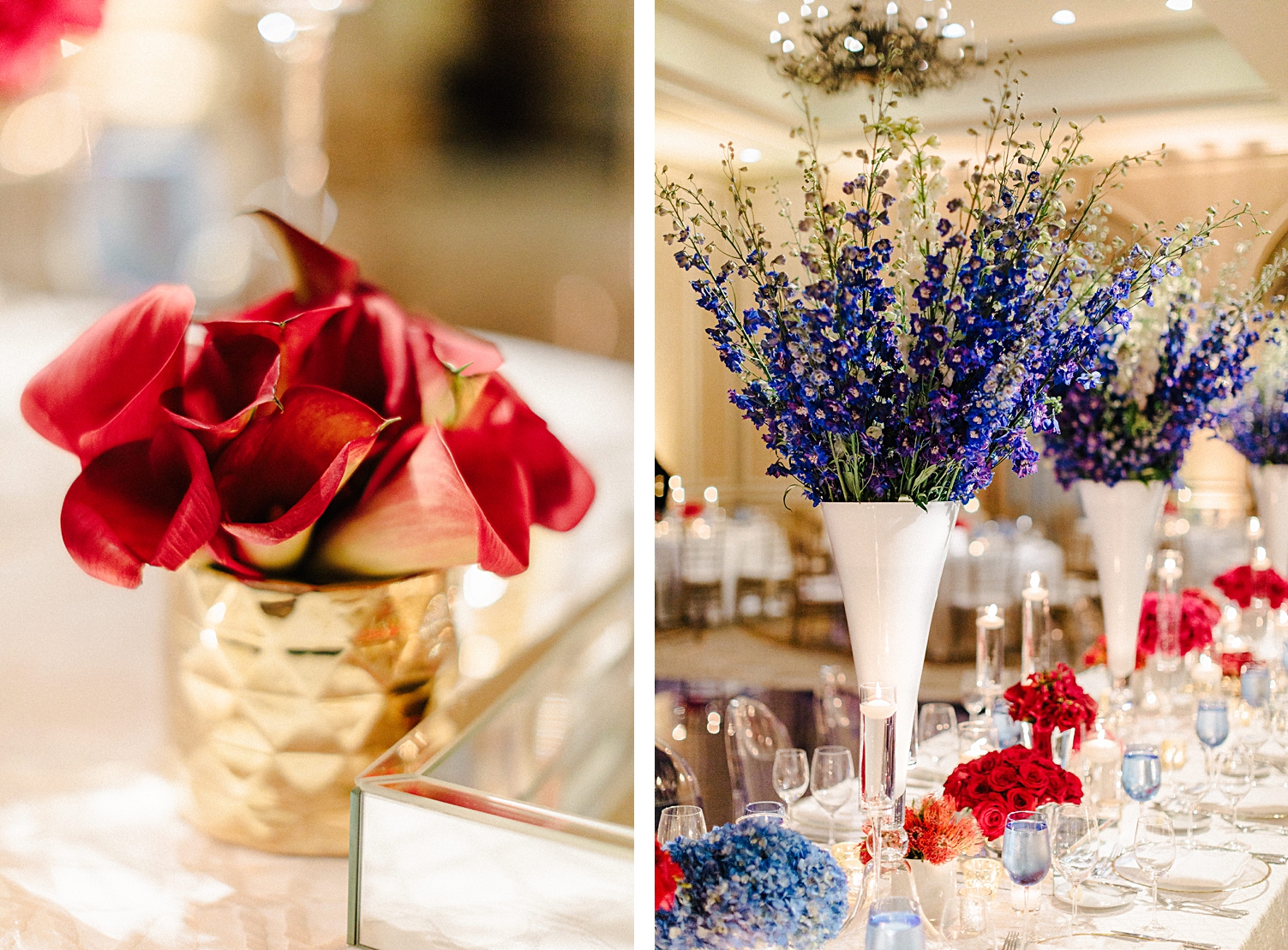 adolphus hotel wedding reception table blue centerpieces and red flowers