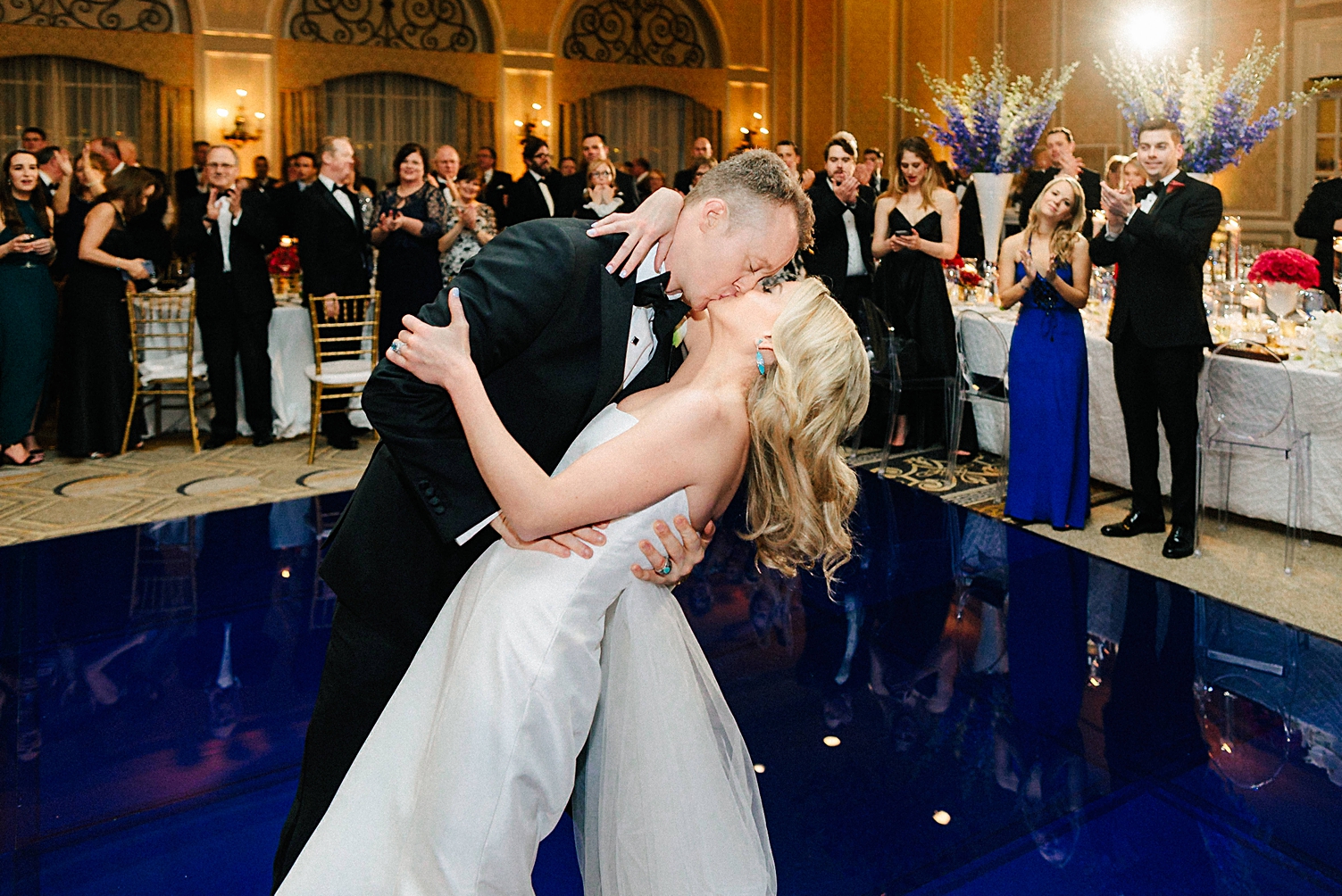 adolphus hotel wedding reception dancing dip kiss