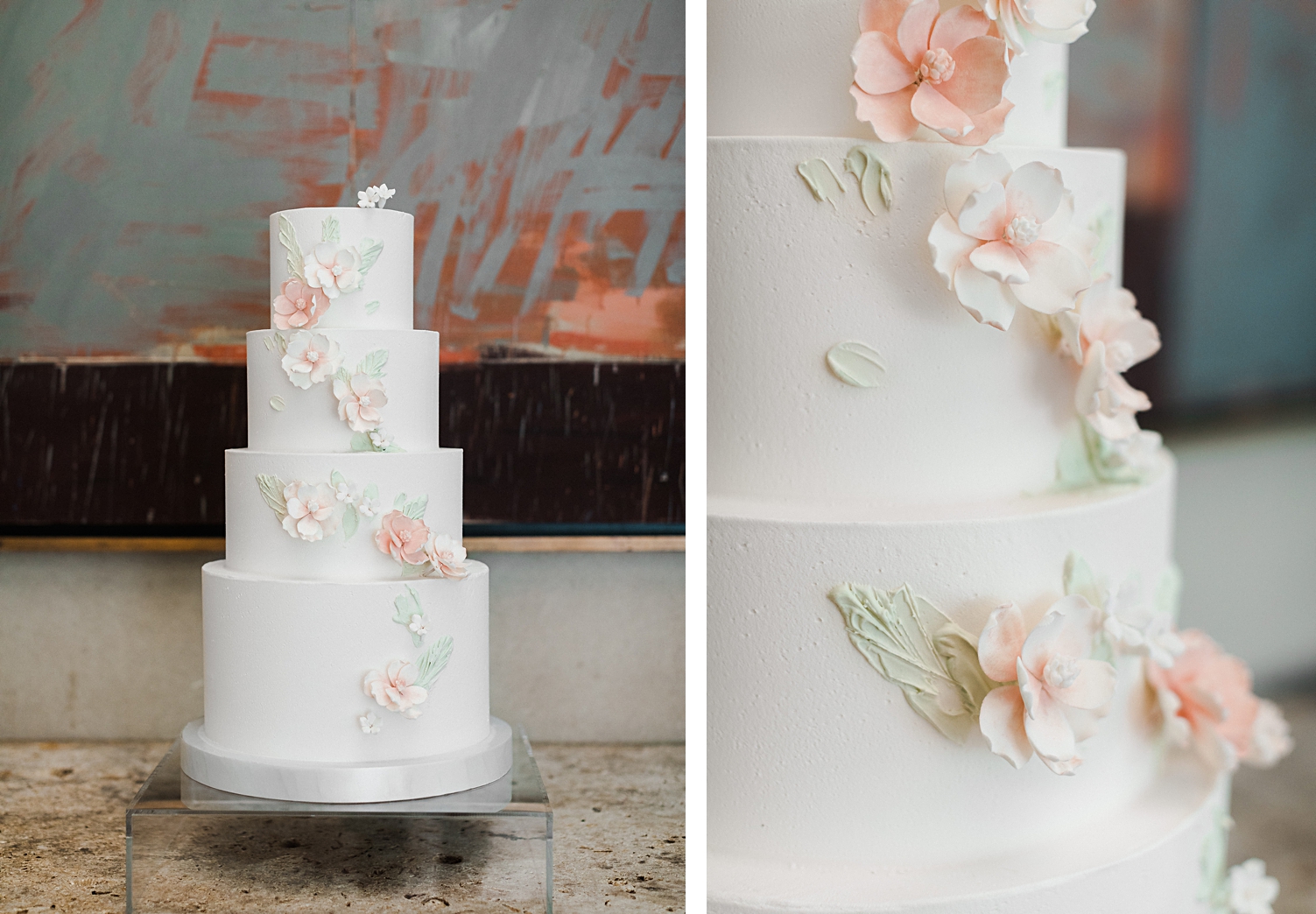 White four tiered wedding cake with pink sugar flowers