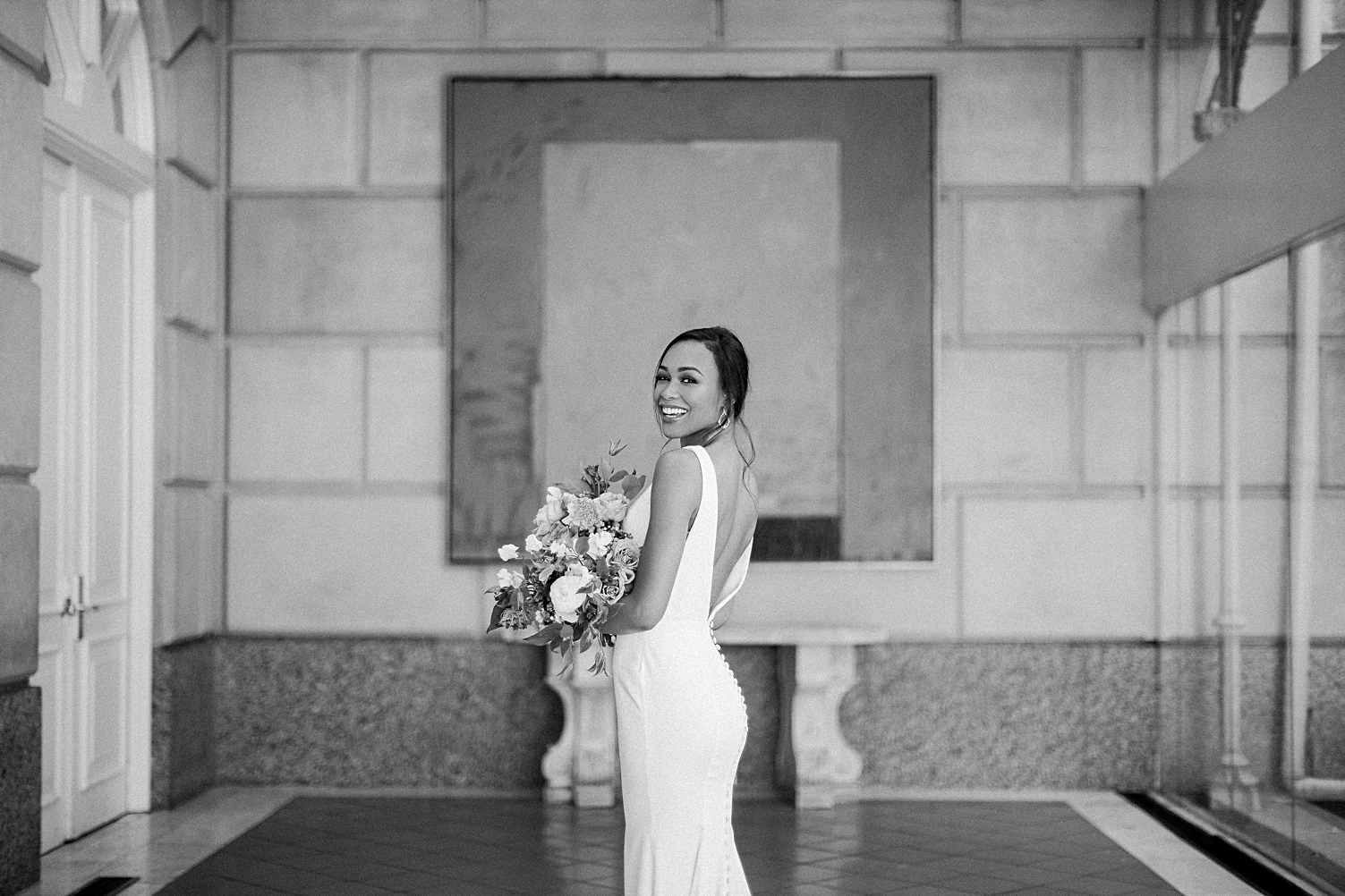 Bride in modern wedding dress black and white 