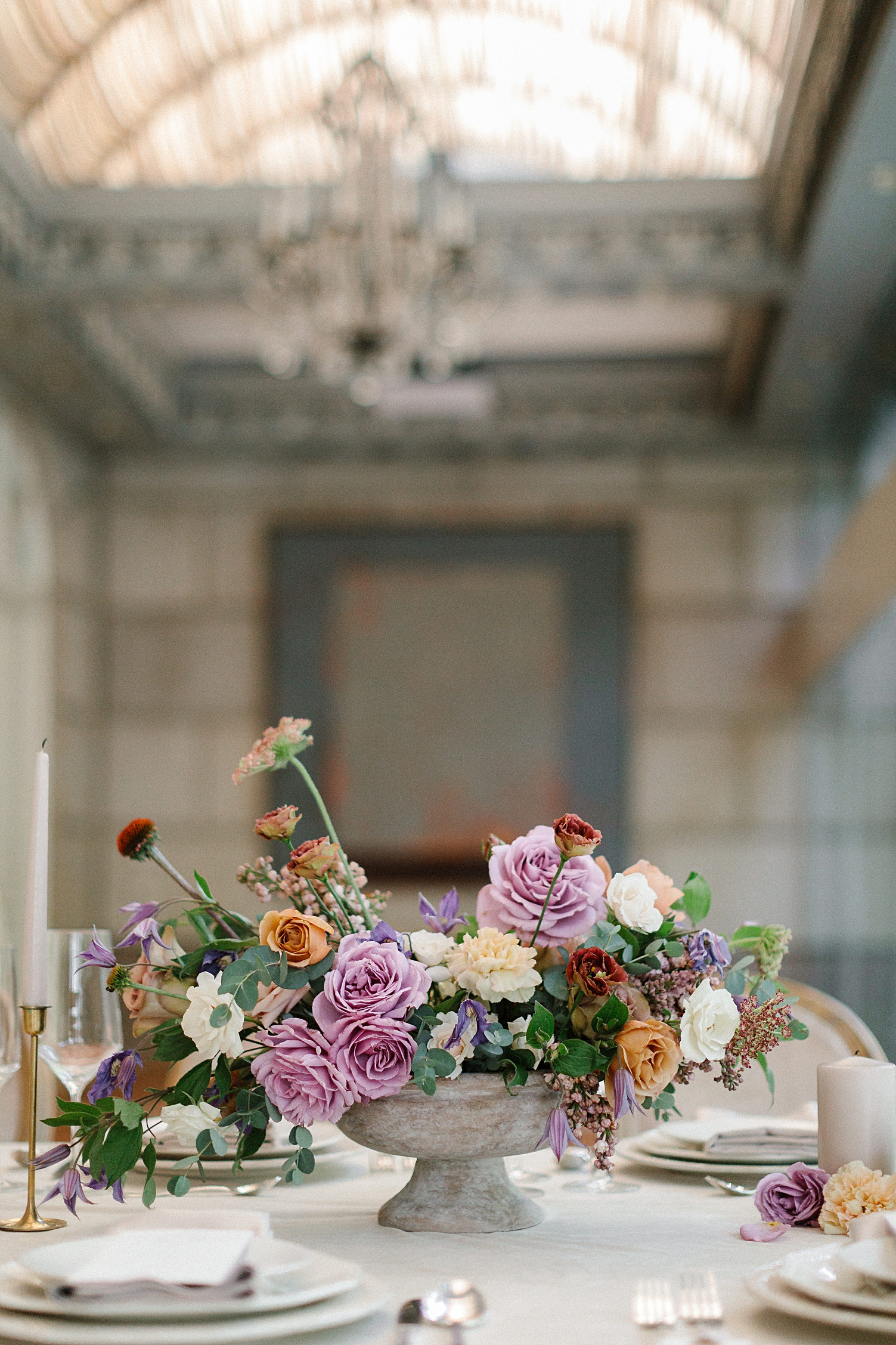 purple table floral centerpiece reception