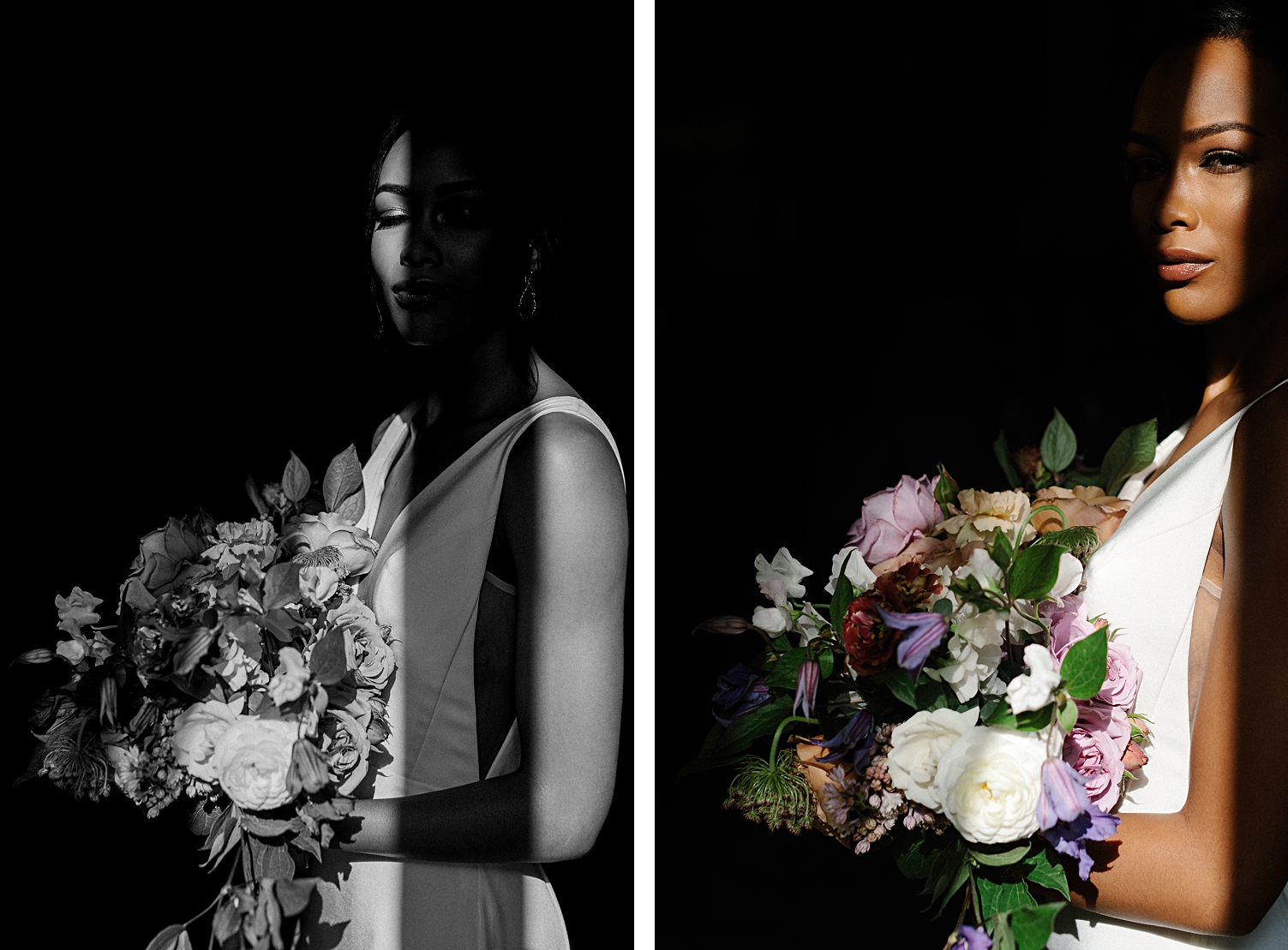 black and white bride with bouquet in window light
