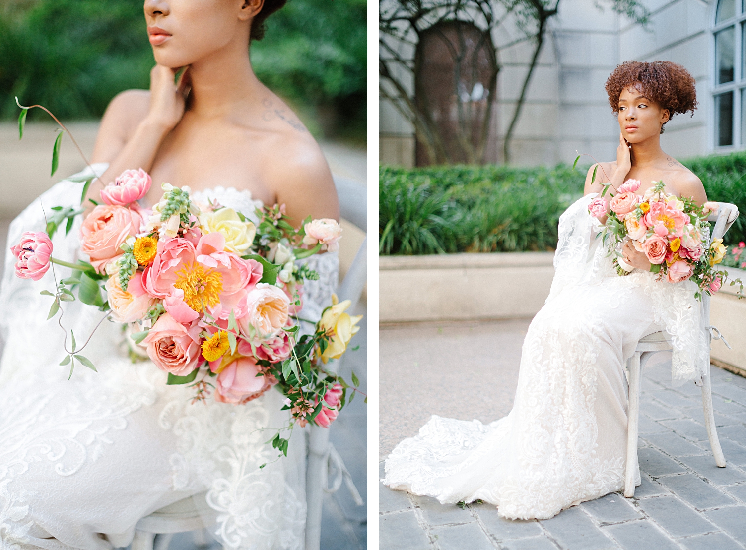 Bride in lace boho wedding dress and pink bouquet sitting in white chair 