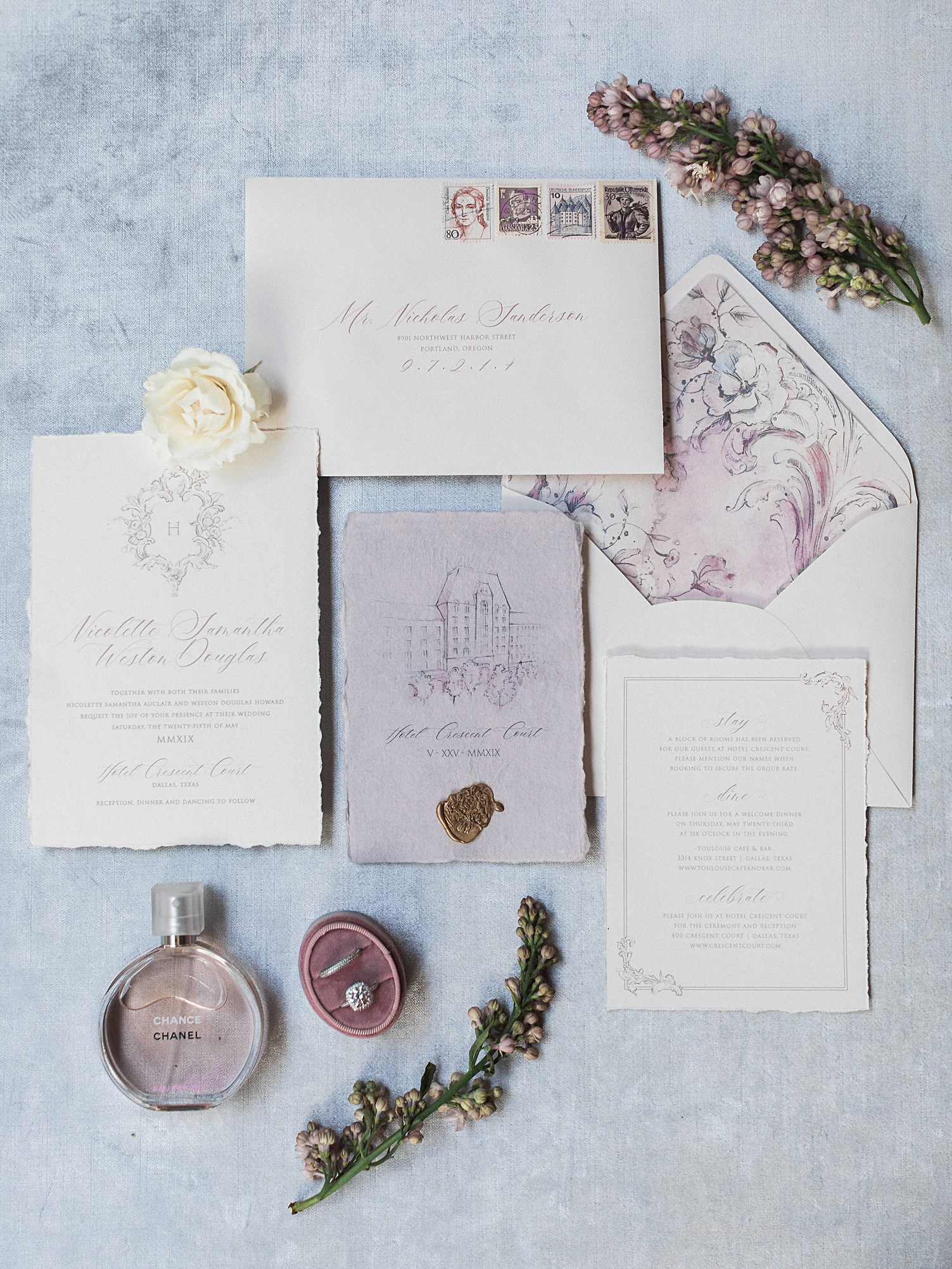 Purple wedding invitation flatlay suite crescent court