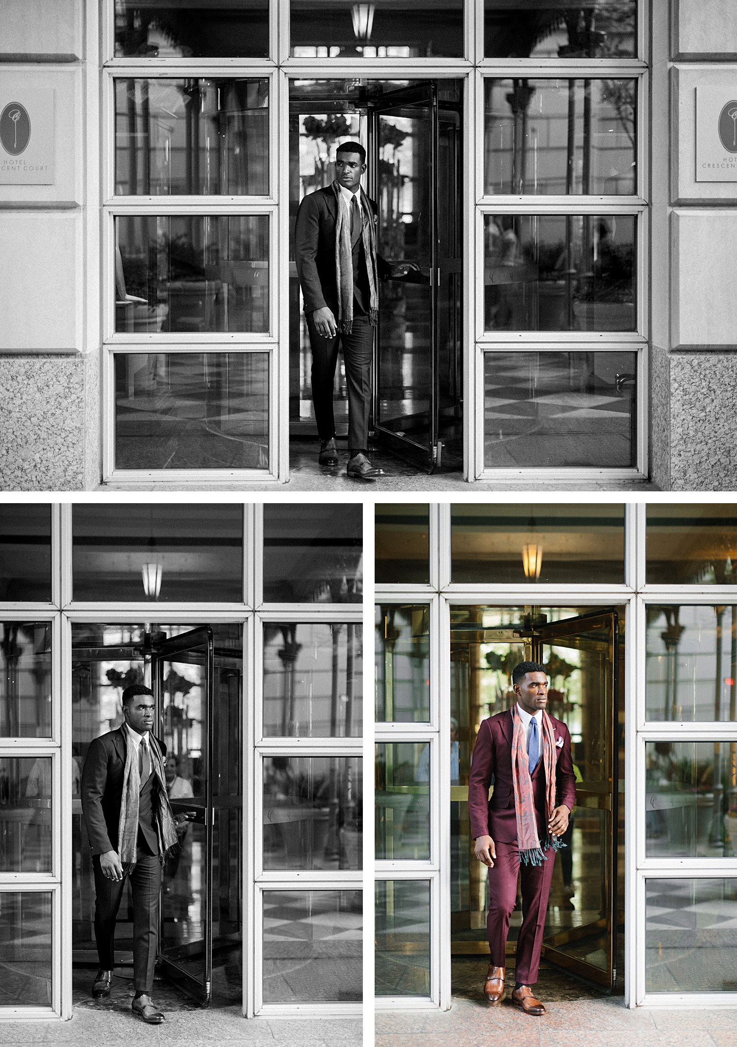 Man in Maroon suit and scarf walking out of revolving door