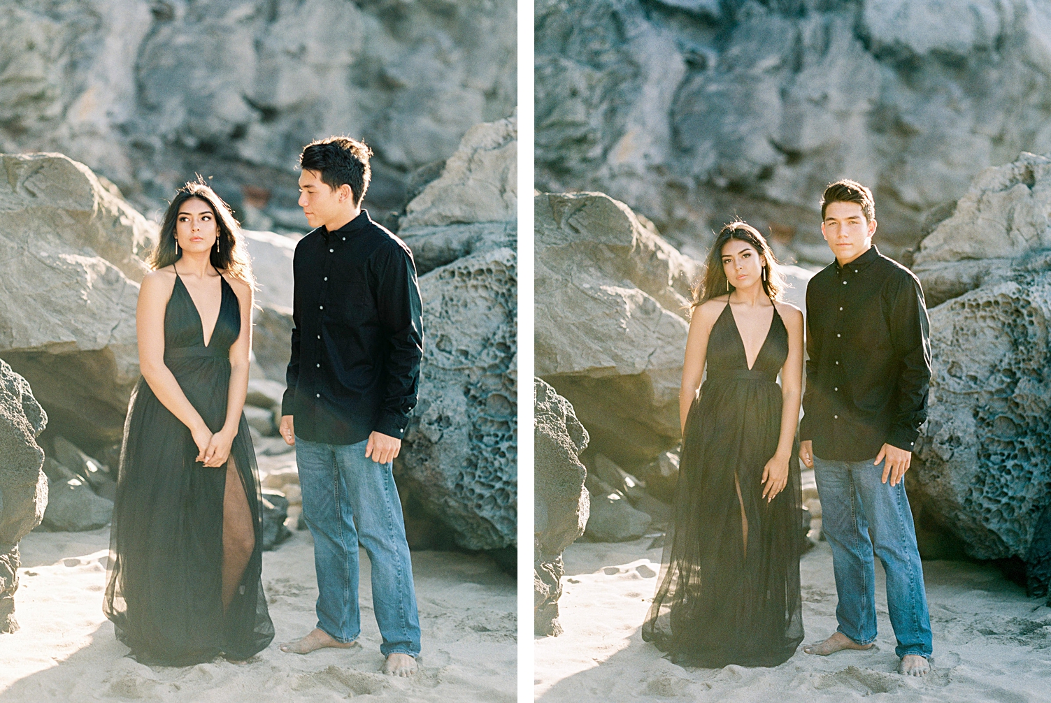 Maui engagement couple on beach black dress rocks film photograph
