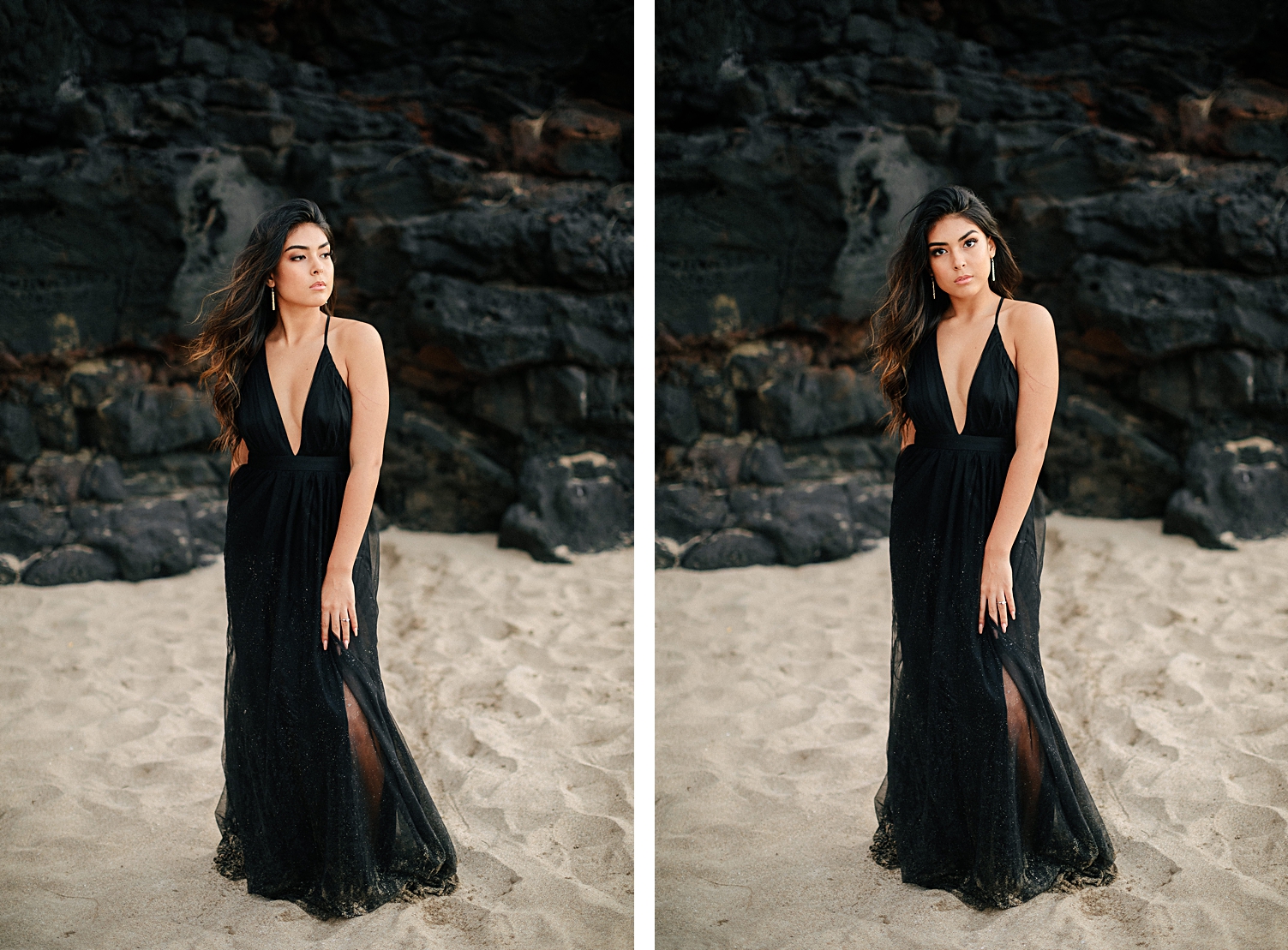 Hawaiian girl in black tulle dress rocky sand beach