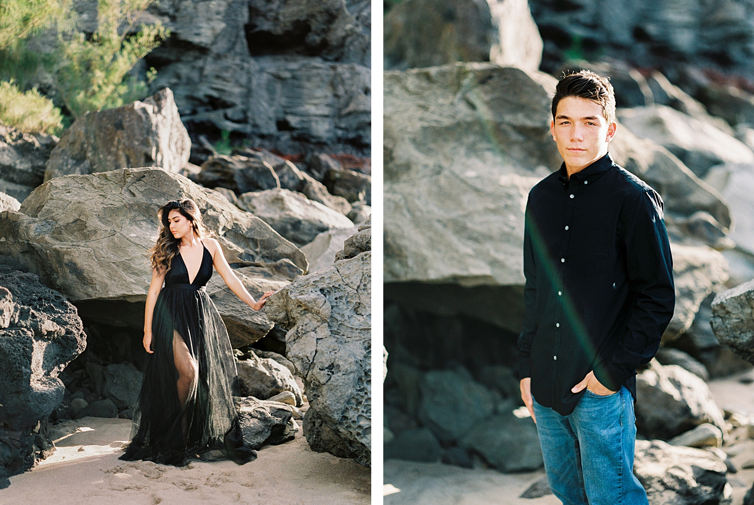 Maui engagement on beach black tule dress and shirt film photography