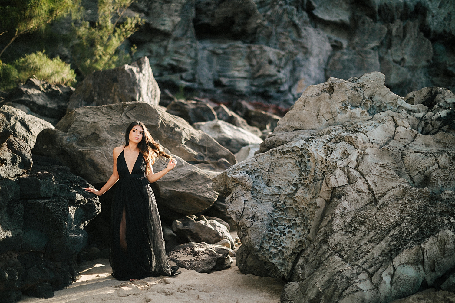 Maui fiancé beach black tule dress rocks