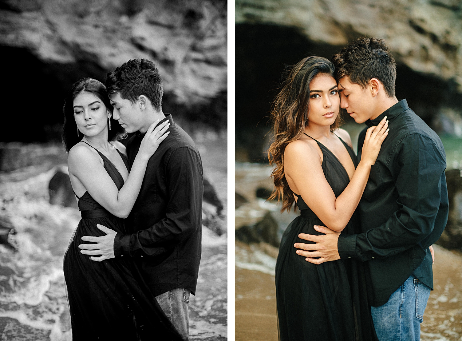 Maui engagement couple in black on rocky beach
