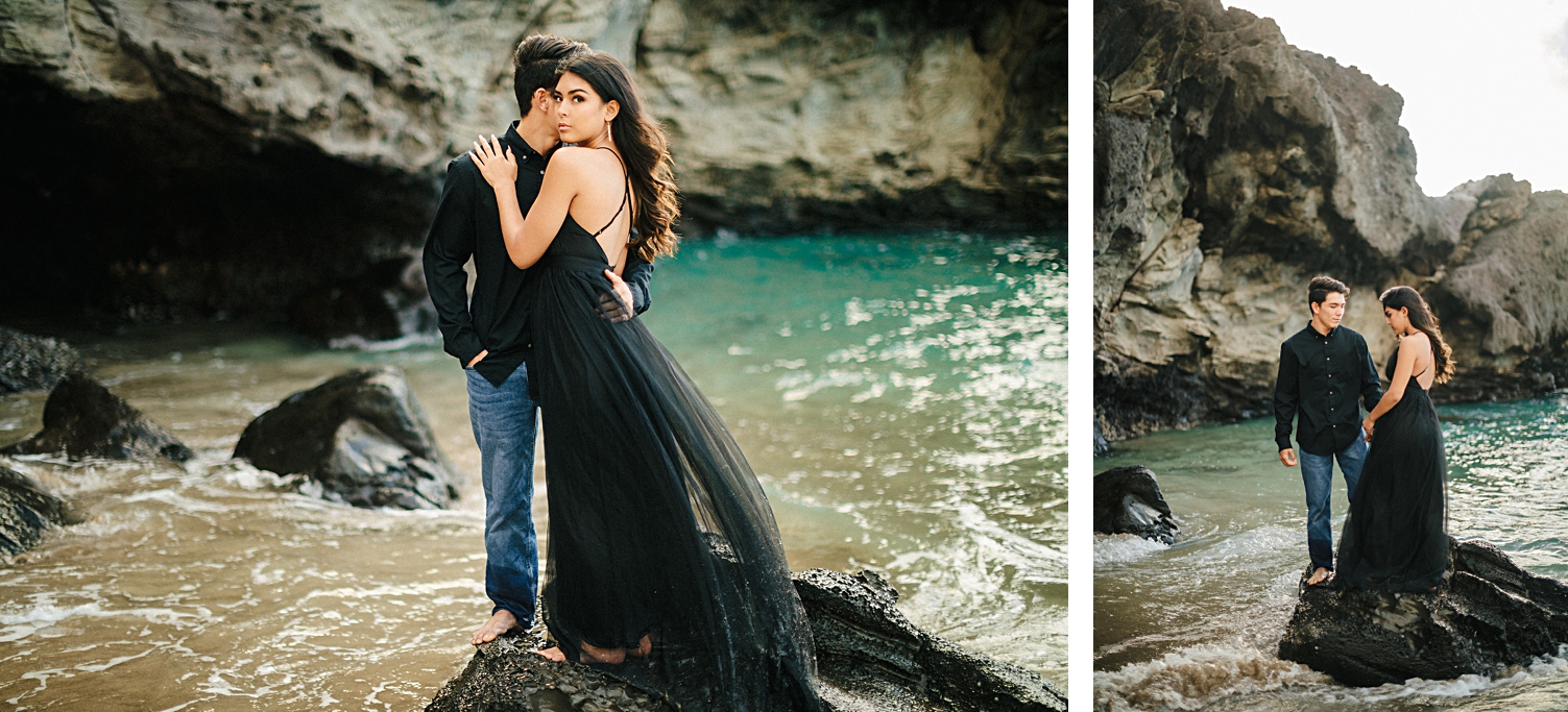 Hawaii couple dressed in black dress at engagement on beach