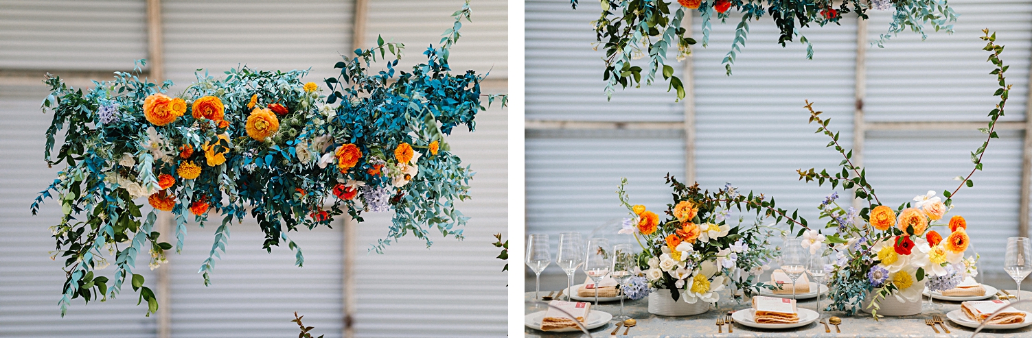 Dallas Florist Tersilla Studio blue orange flowers table instillation