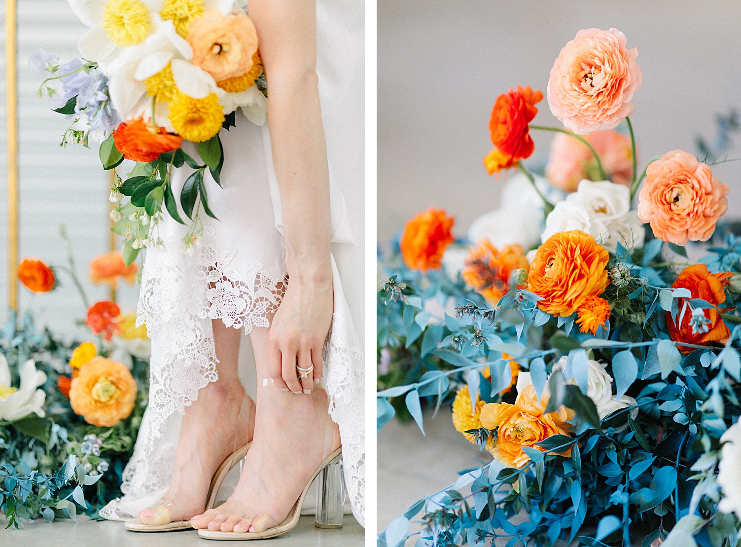 Fort Worth Florist Tersilla Studio bride shoes blue orange flowers