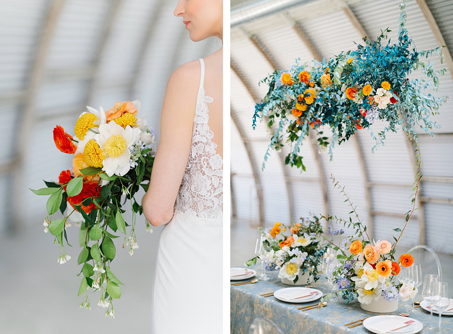 Fort Worth Florist Tersilla Studio blue orange flowers bridal bouquet table