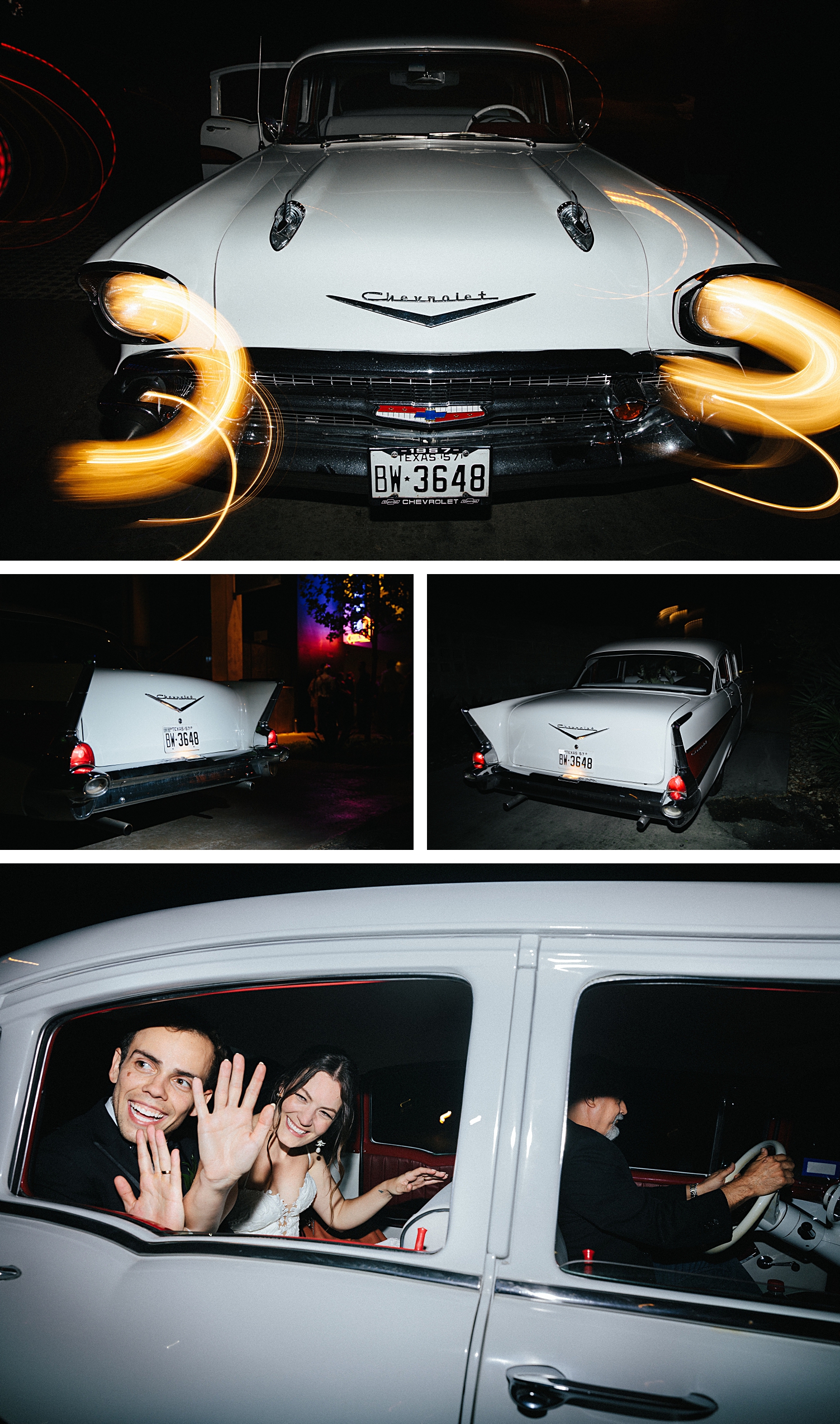 Classic chevrolet car wedding reception exit