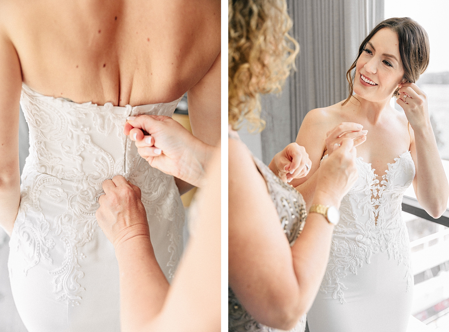 bride getting wedding dress on earrings