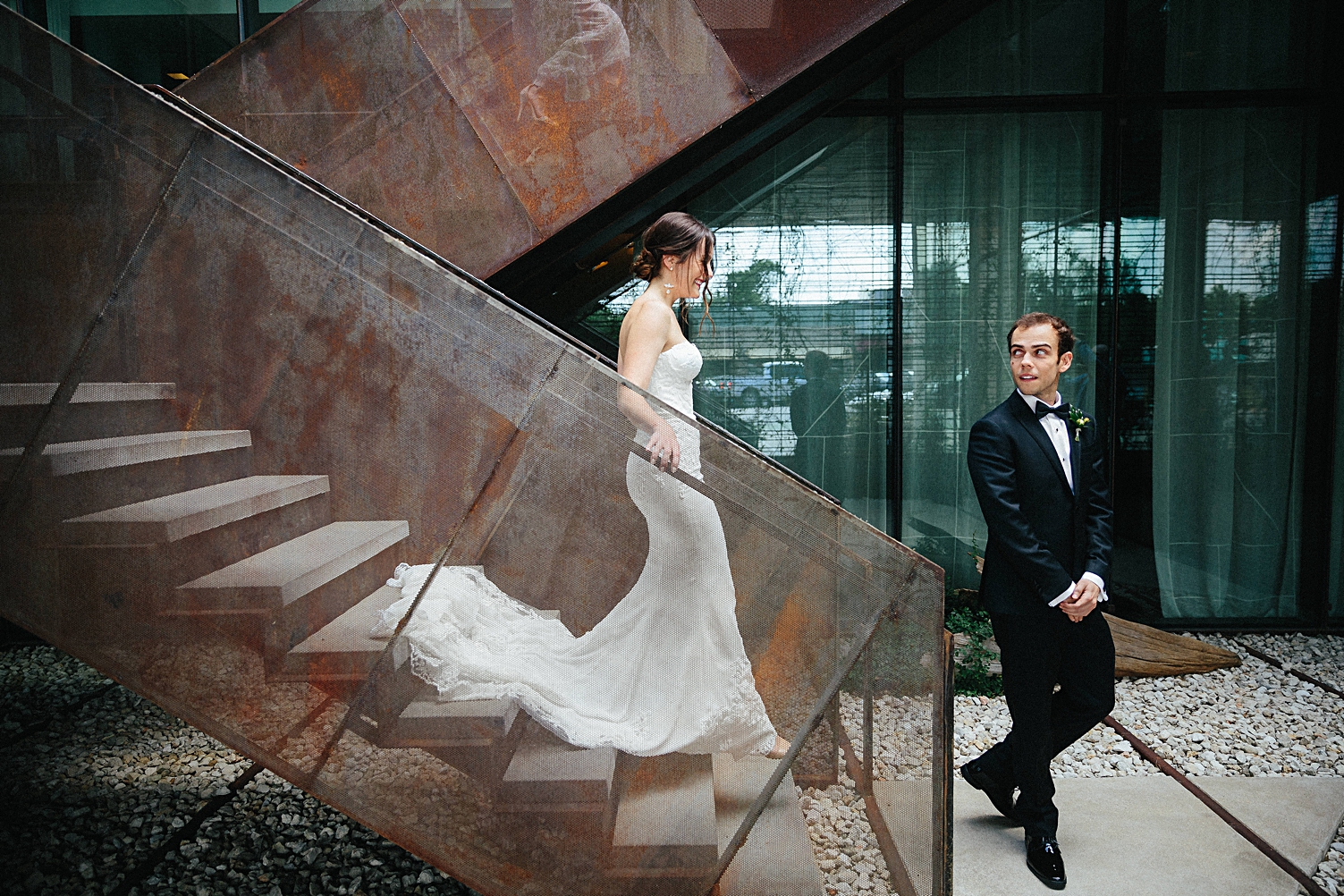 South Congress Hotel Wedding Bride Groom first look stairs