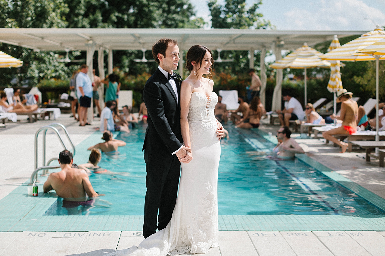 South Congress Hotel Wedding Bride Groom standing by pool