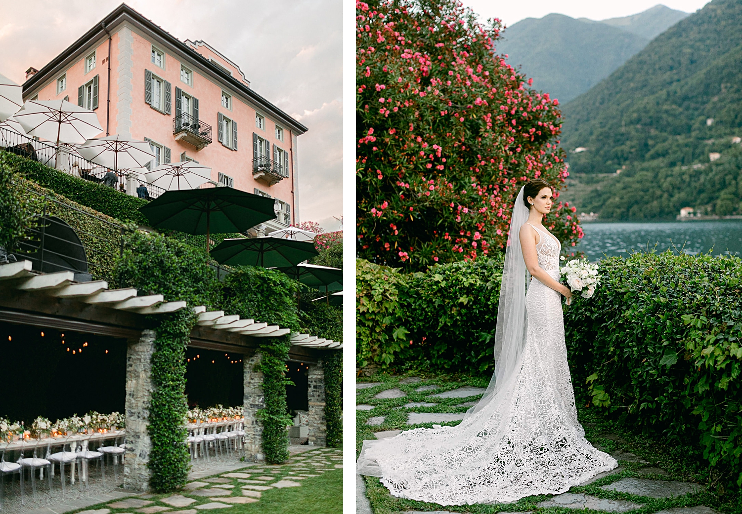 Bride in wedding dress holding bouquet standing by lake Como shore