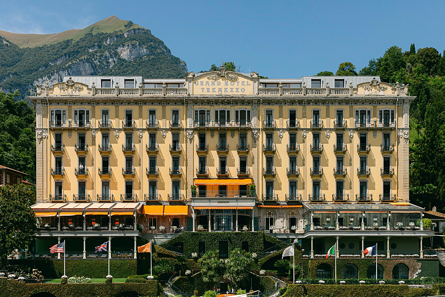 Grand Hotel Tremezzo yellow italian building on the shore of Lake Como Italy Wedding Venues