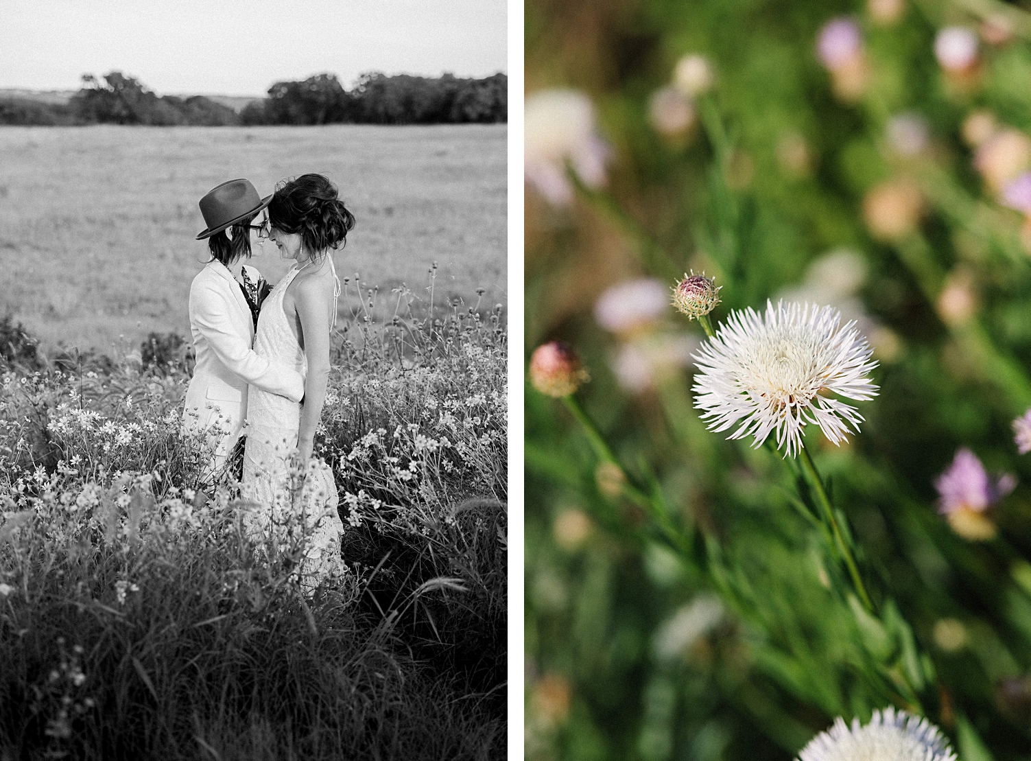 brides hugging in wildflower field dripping springs summer